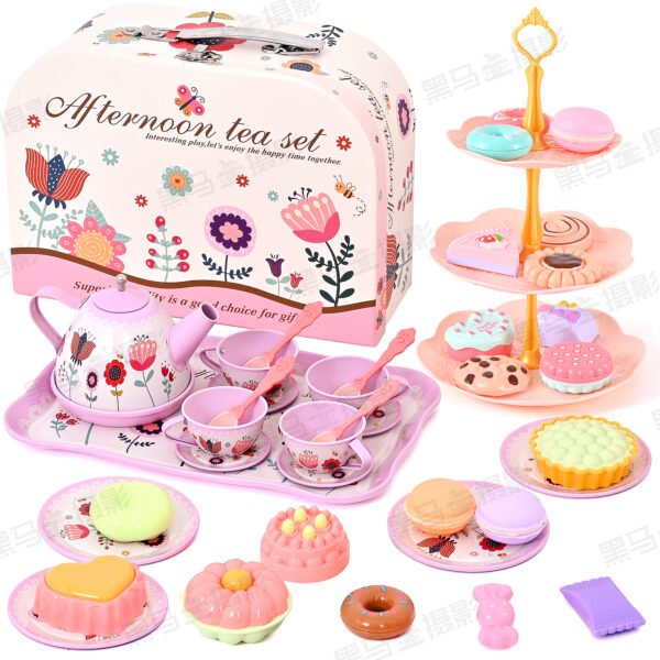 45PCS Tea Party Set, Gift for Girls Princess Tea Party Set Kitchen Pretend Toys with Tin Teapot, Cups, Plates and Carrying Case. Cake, Food for 3+Girls