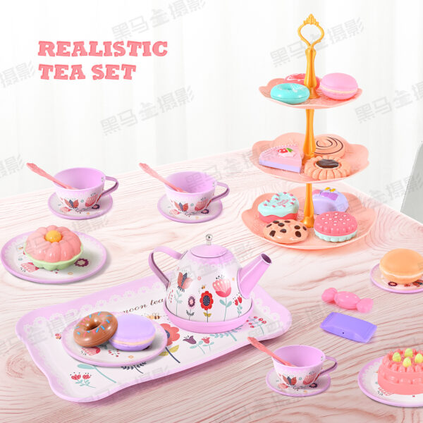 45PCS Tea Party Set, Gift for Girls Princess Tea Party Set Kitchen Pretend Toys with Tin Teapot, Cups, Plates and Carrying Case. Cake, Food for 3+Girls - Image 2