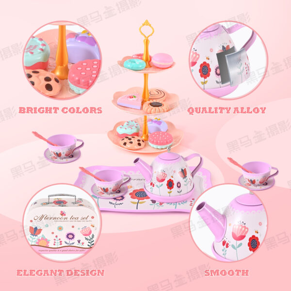 45PCS Tea Party Set, Gift for Girls Princess Tea Party Set Kitchen Pretend Toys with Tin Teapot, Cups, Plates and Carrying Case. Cake, Food for 3+Girls - Image 7