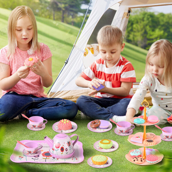 45PCS Tea Party Set, Gift for Girls Princess Tea Party Set Kitchen Pretend Toys with Tin Teapot, Cups, Plates and Carrying Case. Cake, Food for 3+Girls - Image 3