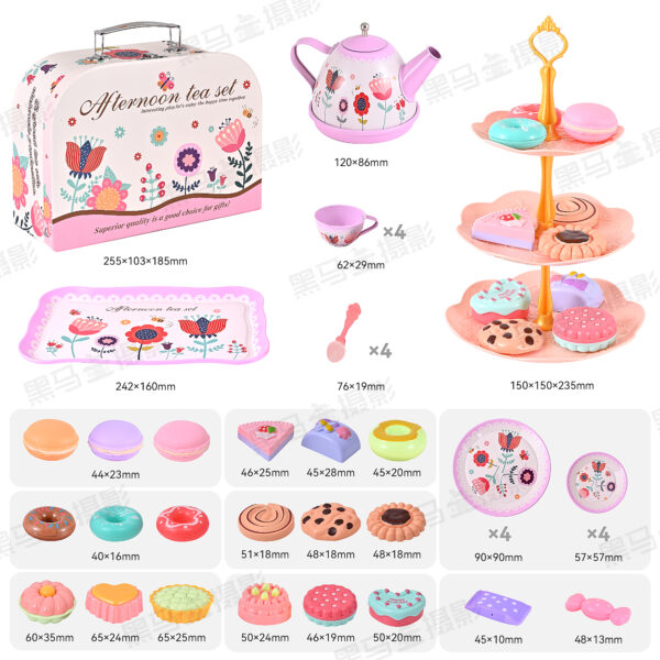 45PCS Tea Party Set, Gift for Girls Princess Tea Party Set Kitchen Pretend Toys with Tin Teapot, Cups, Plates and Carrying Case. Cake, Food for 3+Girls - Image 6