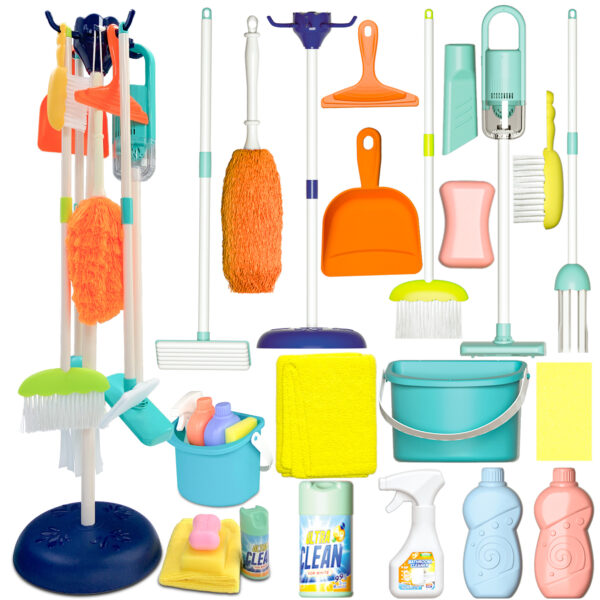 Kids Cleaning Set - Toy Cleaning Set Includes Broom, Mop, Brush, Dust Pan, Duster, Sponge, Clothes, Spray, Bucket, - Toy Kitchen Toddler Cleaning Set