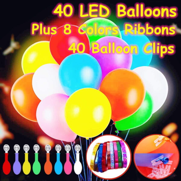 Glow Balloons ,LED Light up Flashing, 40 Pk Mixed Colors ,Party ,Birthdays Wedding Decorations