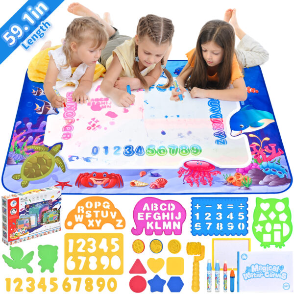 Water Doodle Mat - 60*40 Inch Extra-Large Doodle Drawing Mat for Kids, 24pcs Water Painting Mat Sensory Learning and Educational Toys for Toddlers