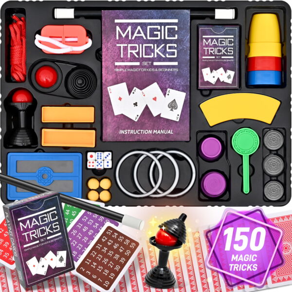 Magic Kit - 150 Amazing Magic Tricks for Kids, Magic Made Easy Range for Beginner,Cool Gift with Magic Wand, Balls, Coins for Boys and Girls