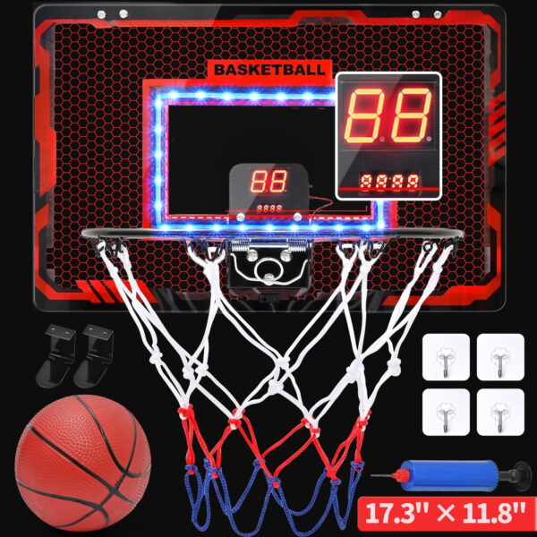 Basketball Hoop Indoor - 17.3''×11.8'' Mini Basketball Hoop Outdoor with LED Light/Scoreboard, Door Basketball Net Basketball Toys Gifts for Boys Girls 3-12