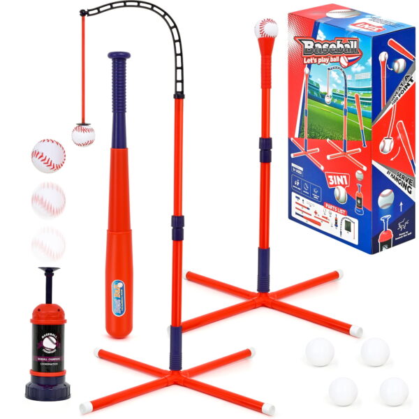 3-in-1 Baseball Set for Kids Includes Tee Ball Stand, Hanging Tee, Automatic Ball Launcher, and 6 Softballs, Indoor/Outdoor Play Sports Gift for Boys 3-8