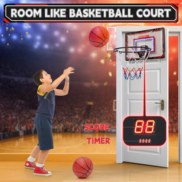 Basketball Hoop Indoor - 17.3''×11.8'' Mini Basketball Hoop Outdoor with LED Light/Scoreboard, Door Basketball Net Basketball Toys Gifts for Boys Girls 3-12 - Image 2