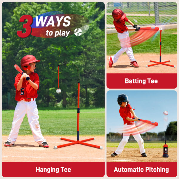 3-in-1 Baseball Set for Kids Includes Tee Ball Stand, Hanging Tee, Automatic Ball Launcher, and 6 Softballs, Indoor/Outdoor Play Sports Gift for Boys 3-8 - Image 2