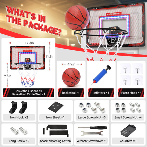 Basketball Hoop Indoor - 17.3''×11.8'' Mini Basketball Hoop Outdoor with LED Light/Scoreboard, Door Basketball Net Basketball Toys Gifts for Boys Girls 3-12 - Image 3