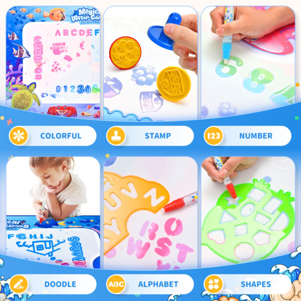 Water Doodle Mat - 60*40 Inch Extra-Large Doodle Drawing Mat for Kids, 24pcs Water Painting Mat Sensory Learning and Educational Toys for Toddlers - Image 4