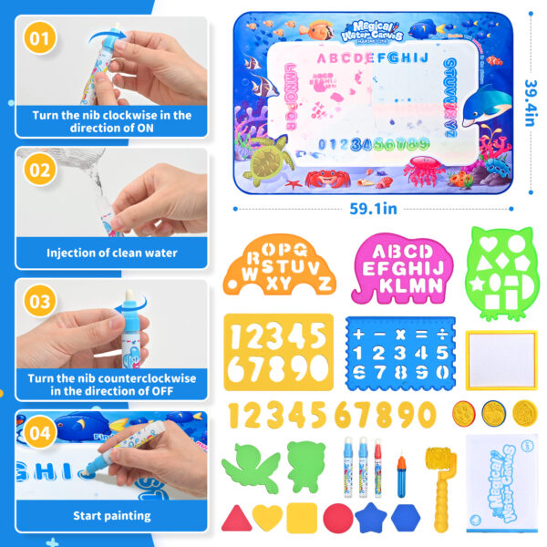 Water Doodle Mat - 60*40 Inch Extra-Large Doodle Drawing Mat for Kids, 24pcs Water Painting Mat Sensory Learning and Educational Toys for Toddlers - Image 5