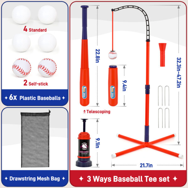 3-in-1 Baseball Set for Kids Includes Tee Ball Stand, Hanging Tee, Automatic Ball Launcher, and 6 Softballs, Indoor/Outdoor Play Sports Gift for Boys 3-8 - Image 5